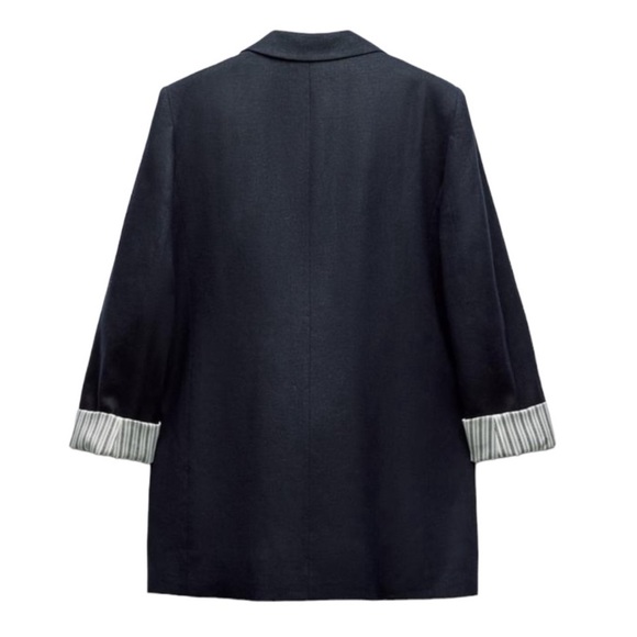 ZARA LINEN BLEND ROLL UP SLEEVE OPEN FRONT BLAZER BLACK SIZE L - Picture 3 of 8